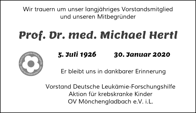  Traueranzeige für Michael Hertl vom 08.02.2020 aus Rheinische Post