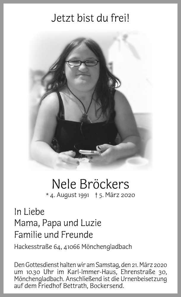  Traueranzeige für Nele Bröckers vom 14.03.2020 aus Rheinische Post