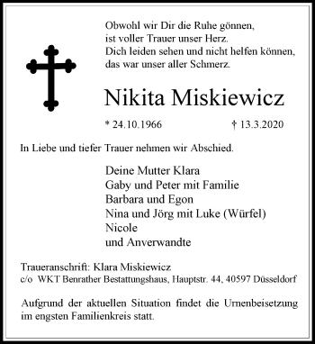 Alle Traueranzeigen für Nikita Miskiewcz