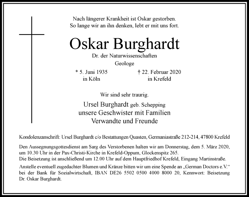  Traueranzeige für Oskar Burghardt vom 29.02.2020 aus Rheinische Post