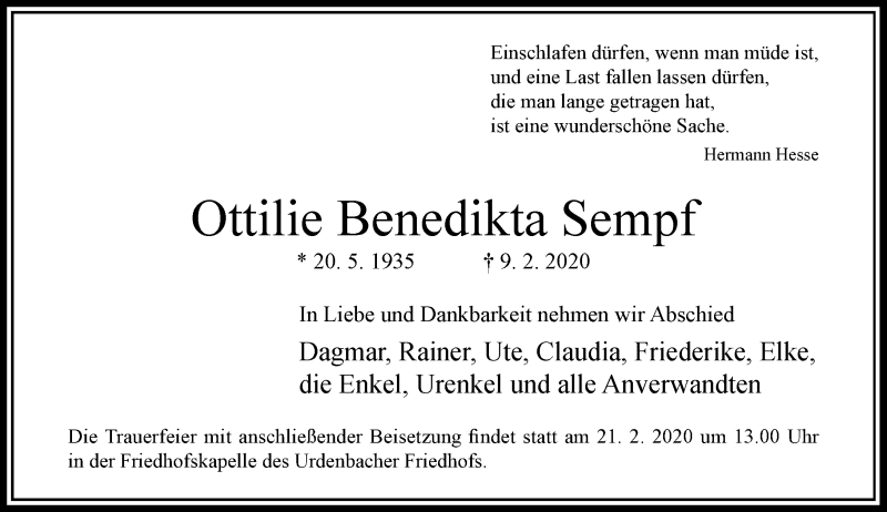  Traueranzeige für Ottilie Benedikta Sempf vom 19.02.2020 aus Rheinische Post