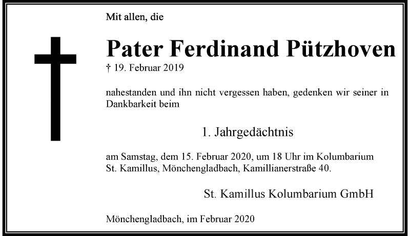  Traueranzeige für Pater Ferdinand Pützhoven vom 08.02.2020 aus Rheinische Post