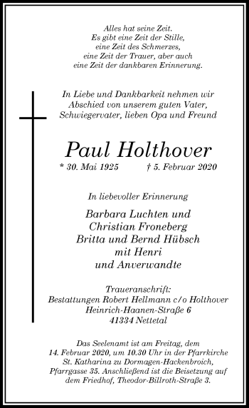 Traueranzeige von Paul Holthover von Rheinische Post