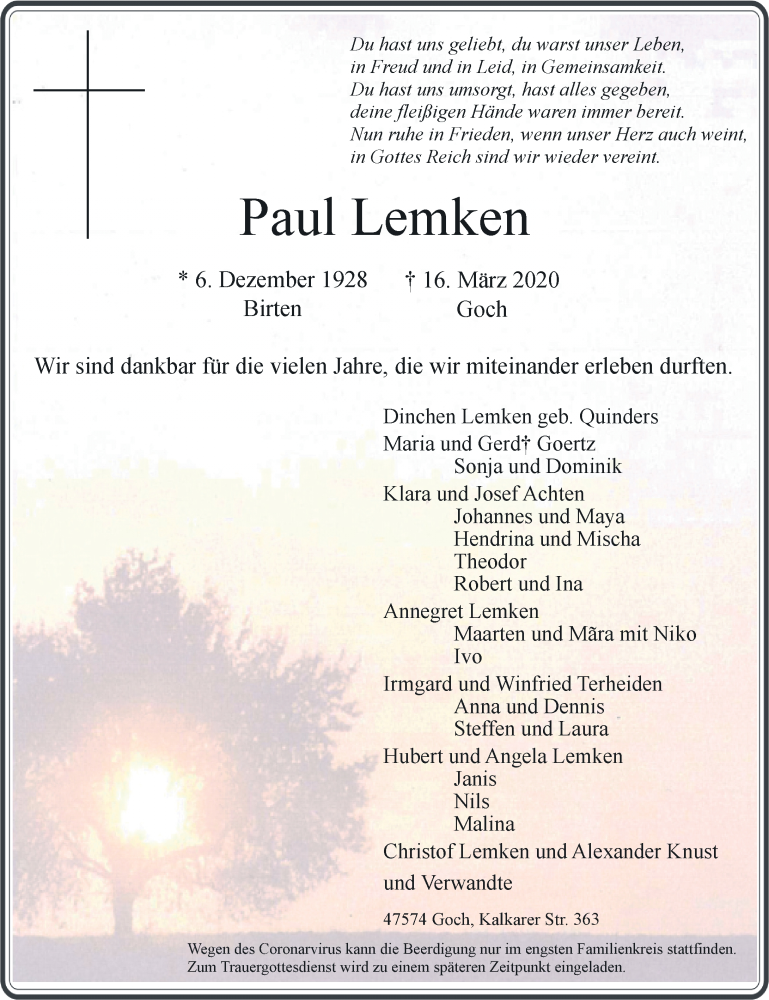  Traueranzeige für Paul Lemken vom 19.03.2020 aus Rheinische Post
