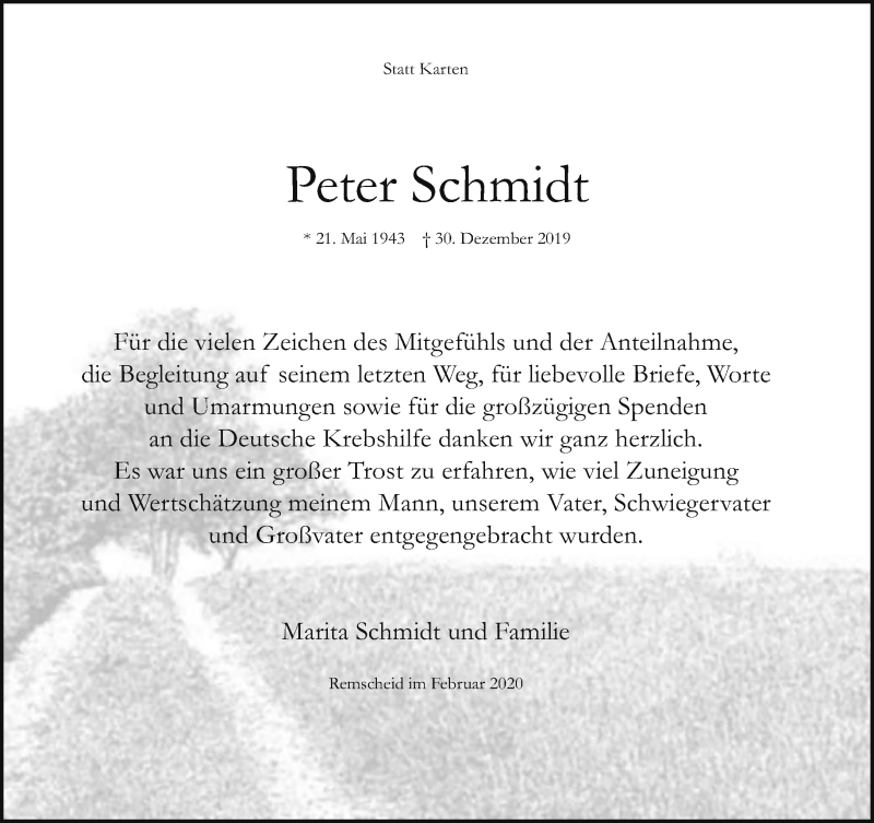  Traueranzeige für Peter Schmidt vom 29.02.2020 aus Rheinische Post