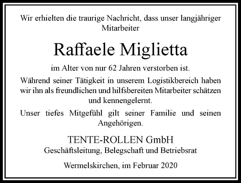  Traueranzeige für Raffaele Miglietta vom 20.02.2020 aus Rheinische Post