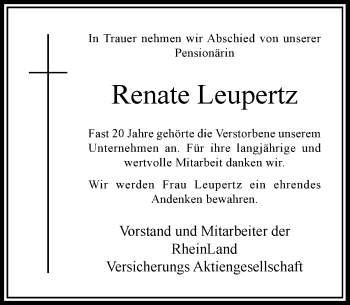 Traueranzeige von Renate Leupertz von Rheinische Post