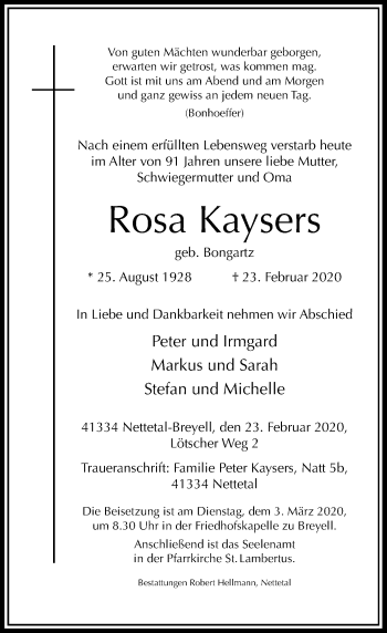 Traueranzeige von Rosa Kaysers von Rheinische Post