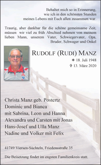 Traueranzeige von Rudolf Manz von Rheinische Post