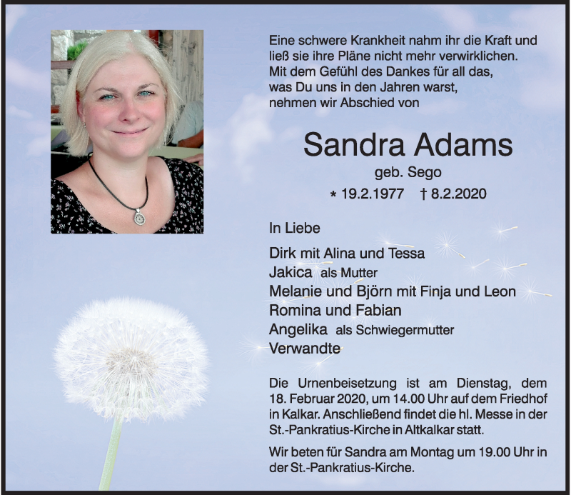  Traueranzeige für Sandra Adams vom 15.02.2020 aus Rheinische Post