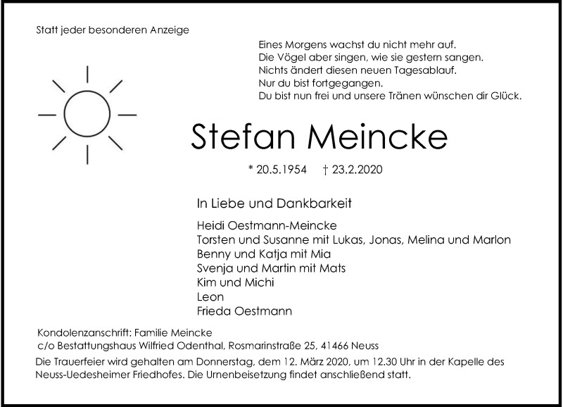  Traueranzeige für Stefan Meincke vom 29.02.2020 aus Rheinische Post