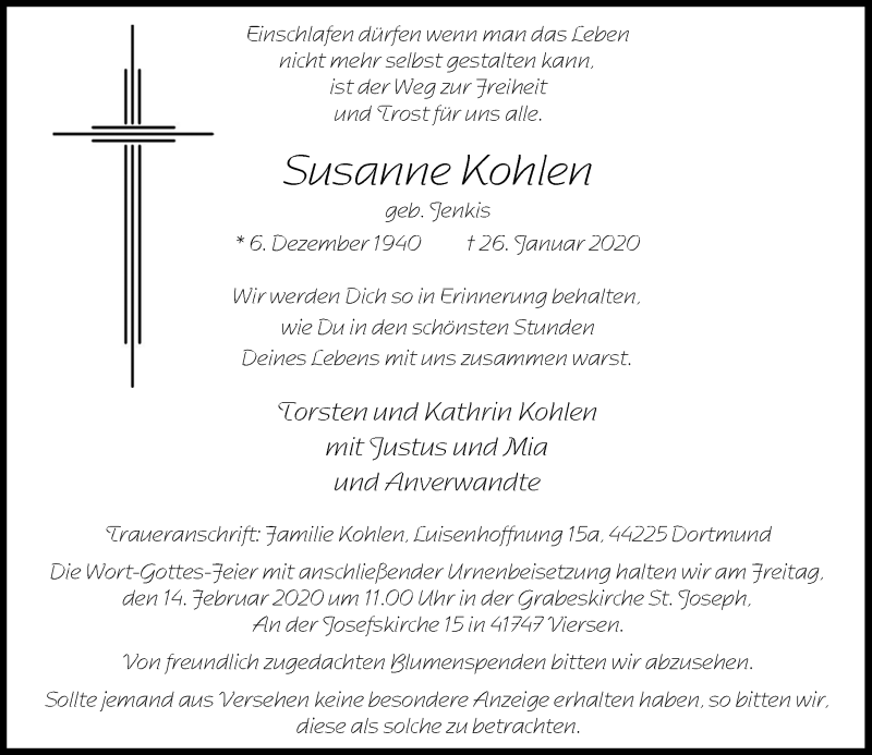  Traueranzeige für Susanne Kohlen vom 08.02.2020 aus Rheinische Post