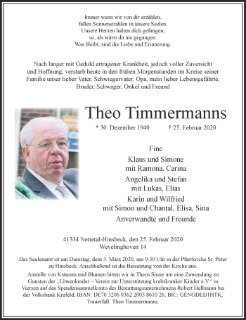 Traueranzeige von Theo Timmermanns von Rheinische Post