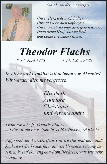 Traueranzeige von Theodor Flachs von Rheinische Post