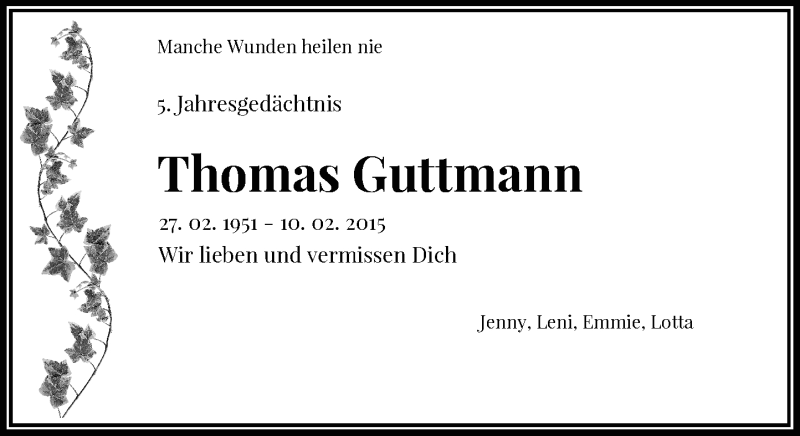  Traueranzeige für Thomas Guttmann vom 10.02.2020 aus Rheinische Post