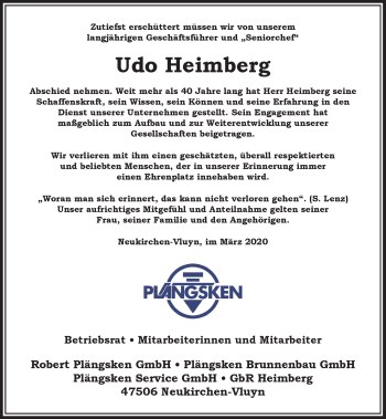 Traueranzeige von Udo Heimberg von Rheinische Post