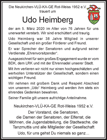 Traueranzeige von Udo Heimberg von Rheinische Post