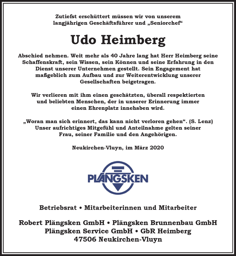  Traueranzeige für Udo Heimberg vom 10.03.2020 aus Rheinische Post