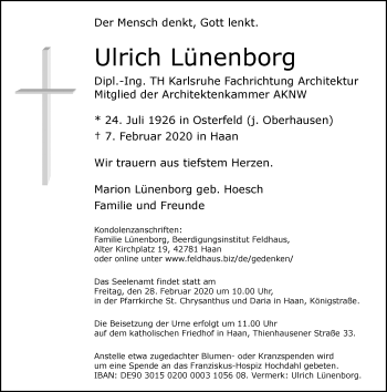 Traueranzeige von Ulrich Lünenborg von Rheinische Post
