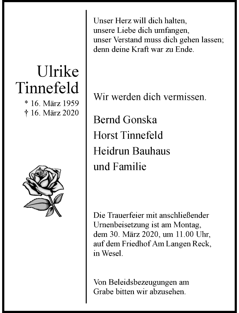  Traueranzeige für Ulrike Tinnefeld vom 20.03.2020 aus Rheinische Post