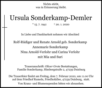 Traueranzeige von Ursula Sonderkamp-Demler von Rheinische Post