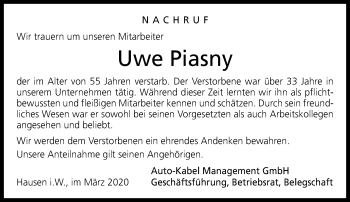 Traueranzeige von Uwe Piasny von Rheinische Post