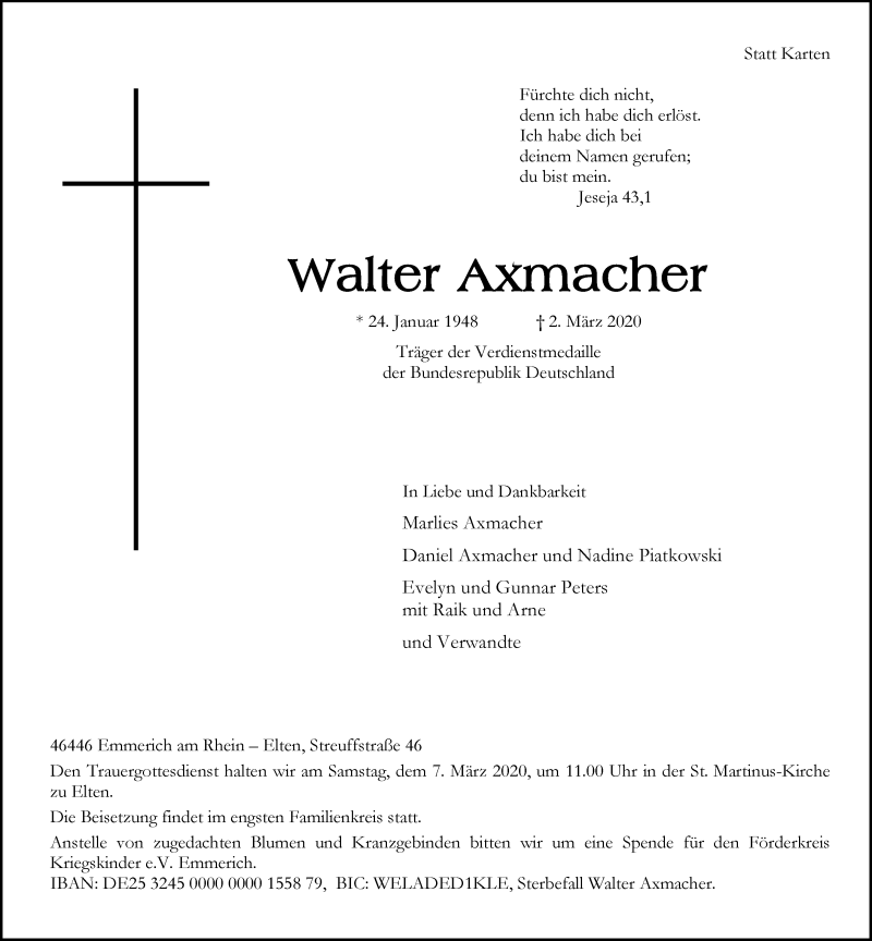  Traueranzeige für Walter Axmacher vom 05.03.2020 aus Rheinische Post