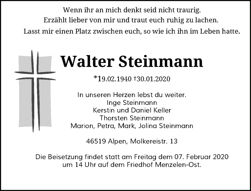  Traueranzeige für Walter Steinmann vom 03.02.2020 aus Rheinische Post