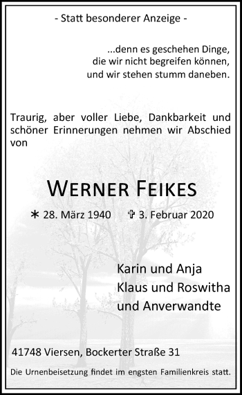 Traueranzeige von Werner Feikes von Rheinische Post