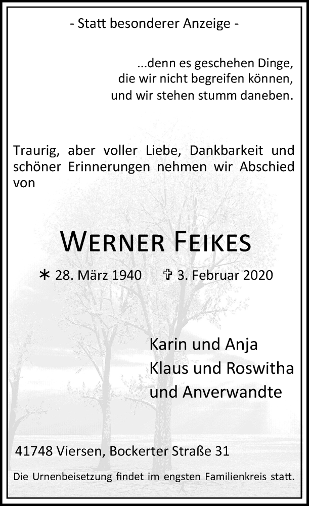  Traueranzeige für Werner Feikes vom 08.02.2020 aus Rheinische Post