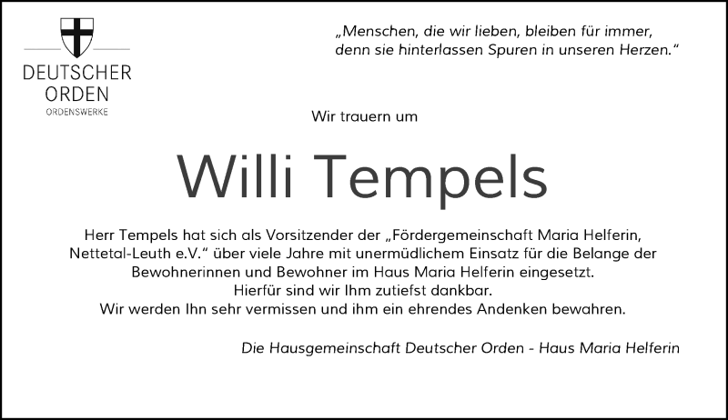  Traueranzeige für Willi Tempels vom 05.02.2020 aus Rheinische Post
