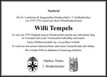 Traueranzeige von Willi Tempels von Rheinische Post