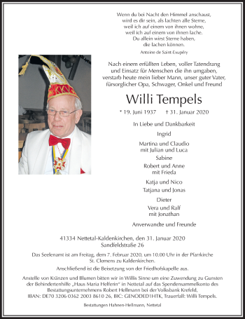 Traueranzeige von Willi Tempels von Rheinische Post