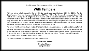 Traueranzeige von Willi Tempels von Rheinische Post