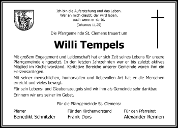 Traueranzeige von Willi Tempels von Rheinische Post