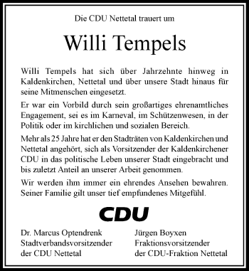 Traueranzeige von Willi Tempels von Rheinische Post