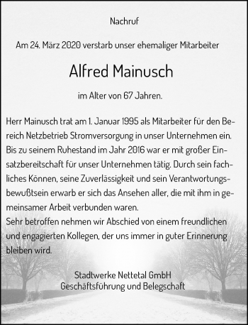 Traueranzeige von Alfred Mainusch von Rheinische Post