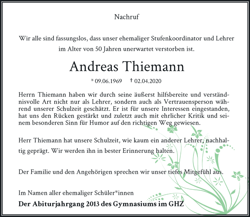  Traueranzeige für Andreas Thiemann vom 08.04.2020 aus Rheinische Post