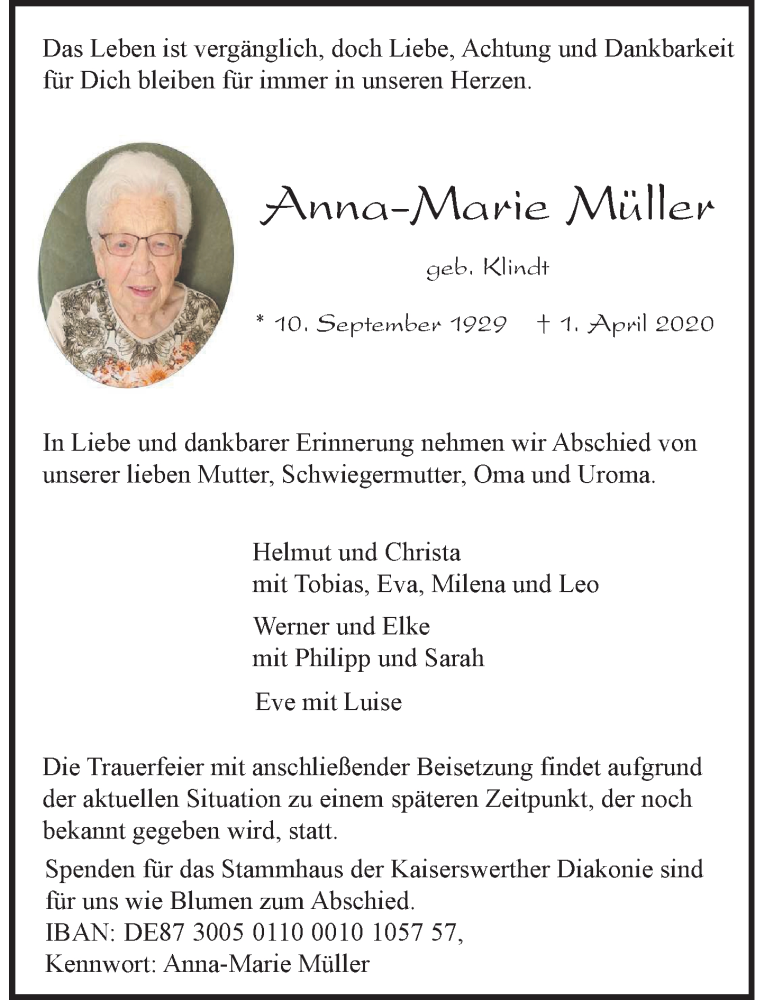  Traueranzeige für Anna-Marie Müller vom 11.04.2020 aus Rheinische Post