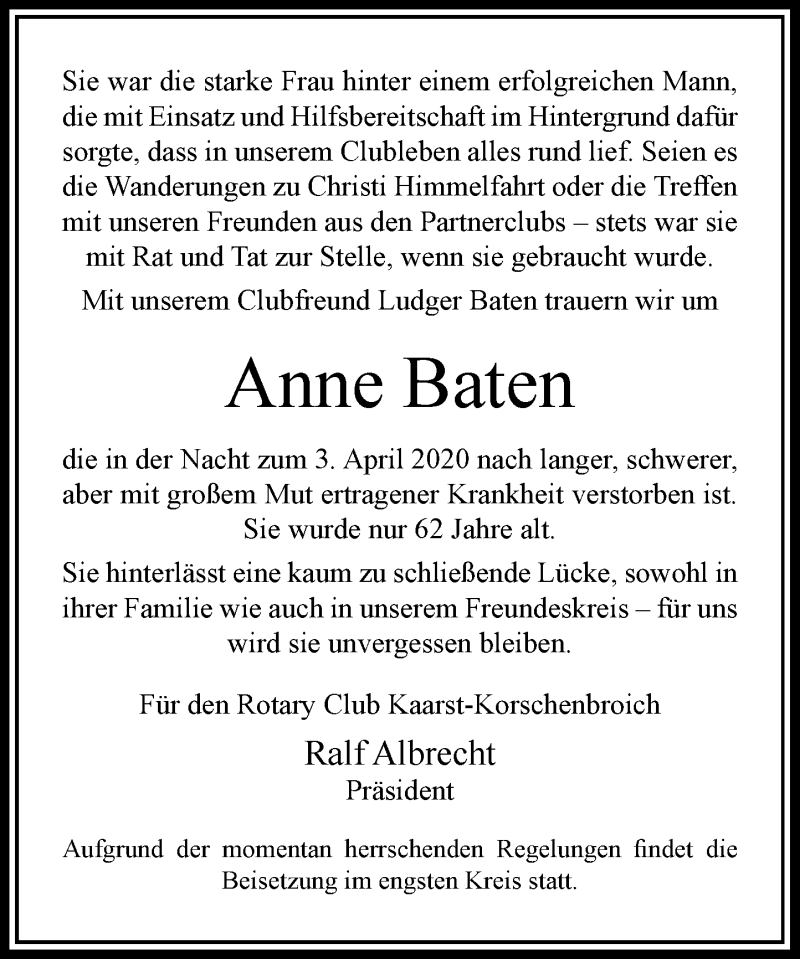  Traueranzeige für Anne Baten vom 11.04.2020 aus Rheinische Post