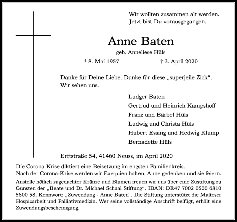  Traueranzeige für Anne Baten vom 11.04.2020 aus Rheinische Post
