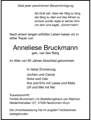 Traueranzeige von Anneliese Bruckmann von Rheinische Post