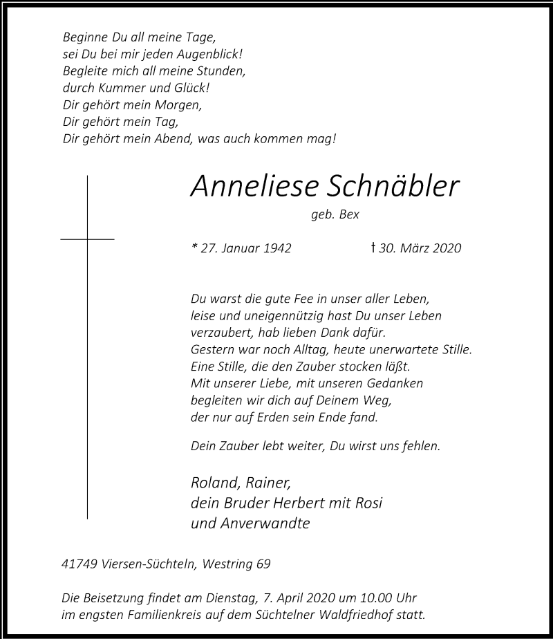  Traueranzeige für Anneliese Schnäbler vom 04.04.2020 aus Rheinische Post