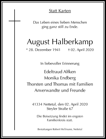 Traueranzeige von August Halberkamp von Rheinische Post