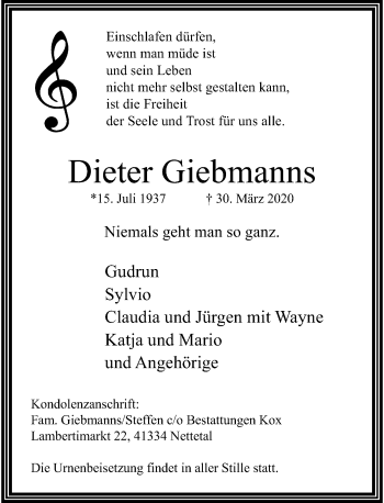 Traueranzeige von Dieter Giebmanns von Rheinische Post