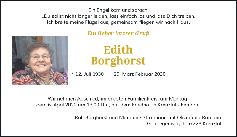  Traueranzeige für Edith Borghorst vom 04.04.2020 aus Rheinische Post