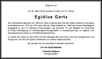 Traueranzeige von Egidius Gartz von Rheinische Post