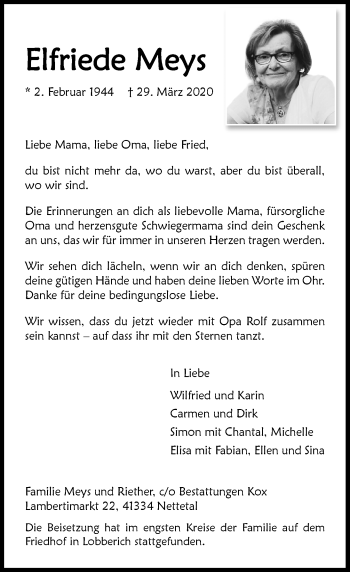 Traueranzeige von Elfriede Meys von Rheinische Post