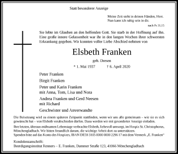 Traueranzeige von Elsbeth Franken von Rheinische Post