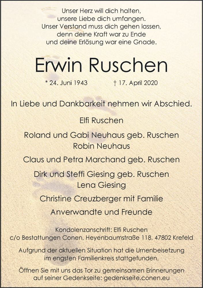  Traueranzeige für Erwin Ruschen vom 25.04.2020 aus Rheinische Post